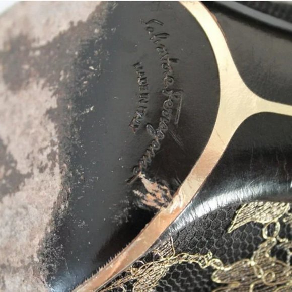 Salvatore Ferragamo Teodora Peep Toe Satin Lace Pumps Size 9.5 Black Gold - Picture 12 of 12